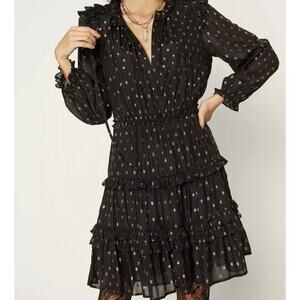 ANTHROPOLOGIE Current Air Ruffled Metallic Dot Mini Dress Black Gold Size Large